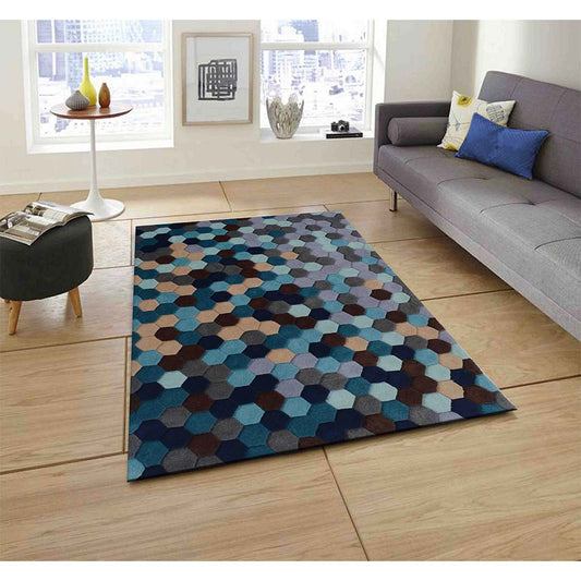 Rugs, (Presto) ICHT1009C2X5, Blue, Brown and Gold Geometric Hand Tufted Wool Carpet-EL15882-22X55 inches