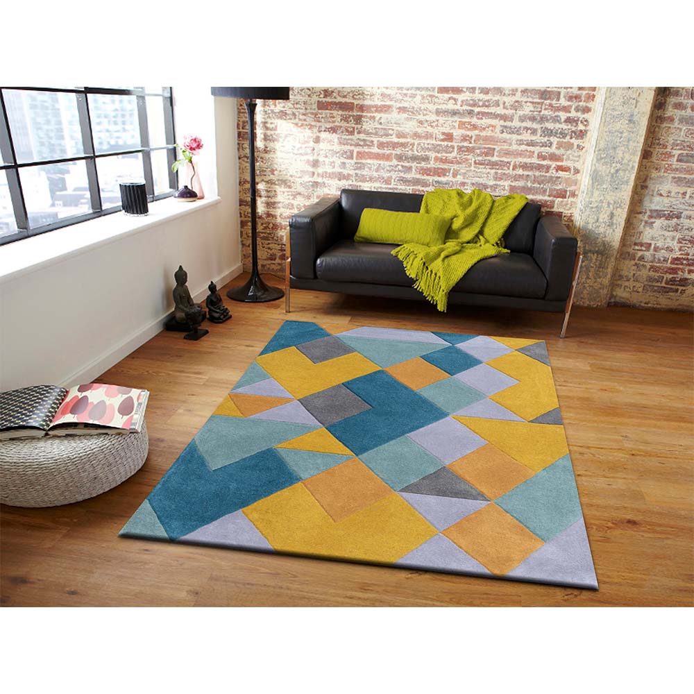 Rugs, (Presto), ICHT1079C6X9, Blue, Yellow & Gold Geometric Hand Tufted Wool Carpet-EL 15902-72X108 inches