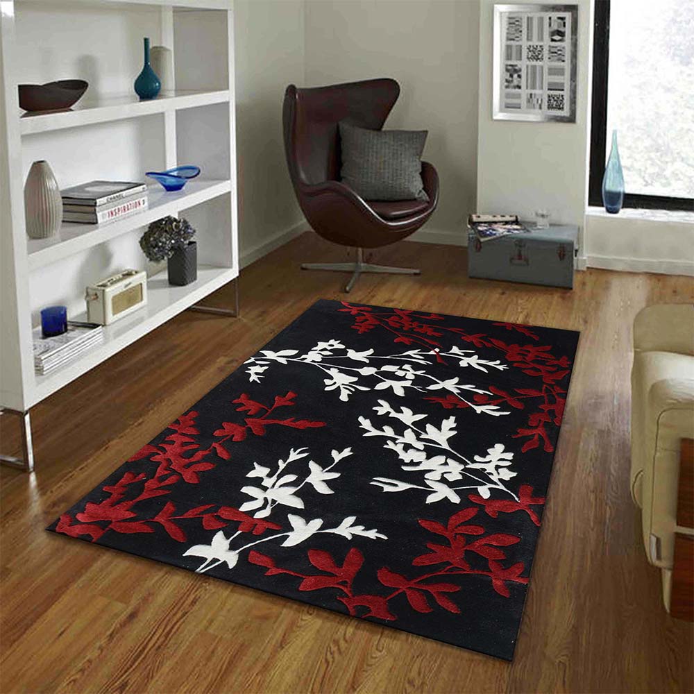 Rugs, (Presto), ICHT1101C4X6, Red, White & Black Floral Hand Tufted Wool Carpet-EL15906-48X74 inches