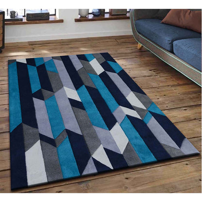 Rugs, (Presto), ICHT1139C6X9, Blue, Grey & White Geometric Hand Tufted Wool Carpet-EL15916-60X96 inches