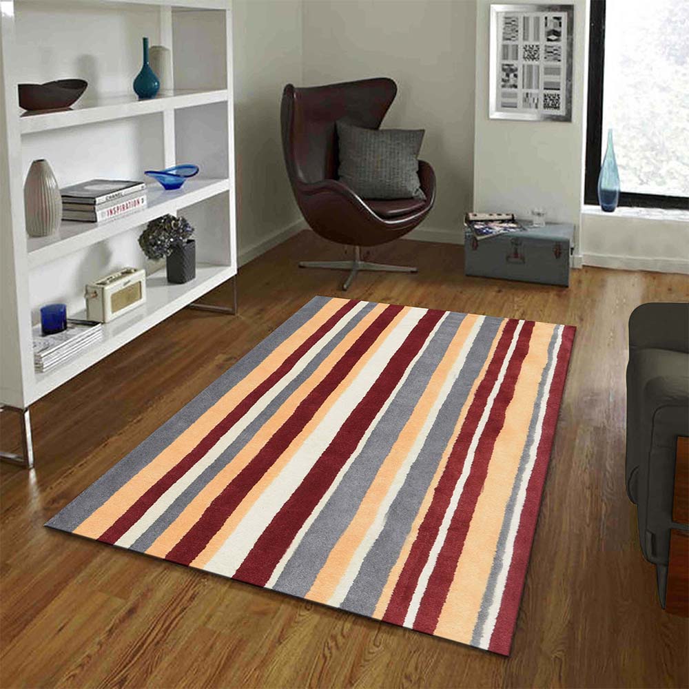 Rugs, (Presto) ICHT1181C3X5, Maroon, Gold & Grey Geometric Hand Tufted Wool Carpet - EL15937