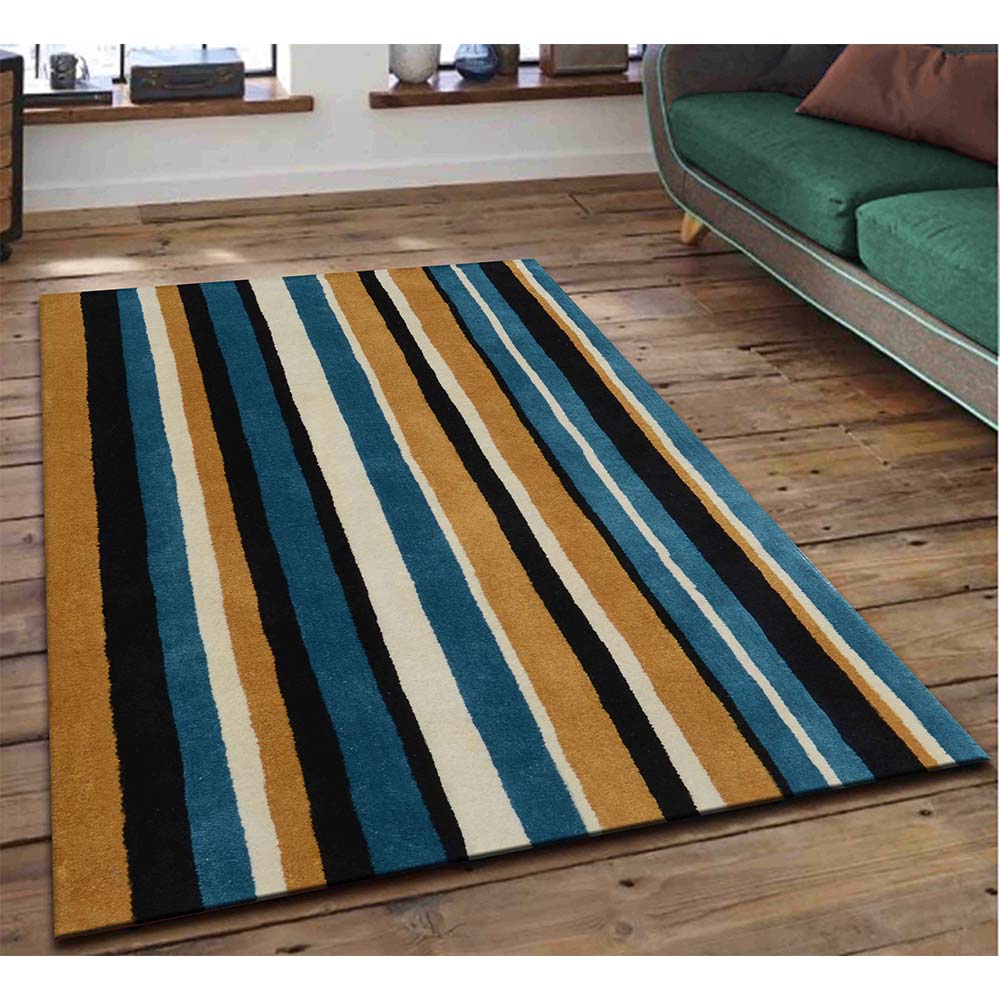 Rugs, (Presto), ICHT1183C5X8, Blue, Gold and Ivory Geometric Hand Tufted Wool Carpet -EL15939-60X96 inches
