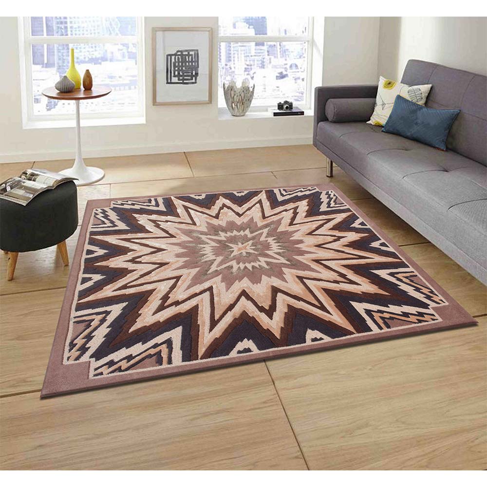 Rugs, (Presto) ICHT1662C6X6, Brown & Beige Color Geometric Hand Tufted Wool Square Carpet - EL15996