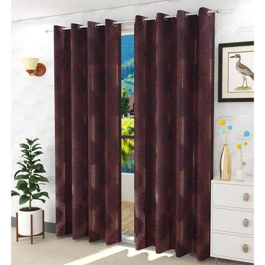 Curtain, (Presto) ICSST435_D2, Wine  colour Damask Door curtain Set of 2, Curtain-EL16052-44X84 inches