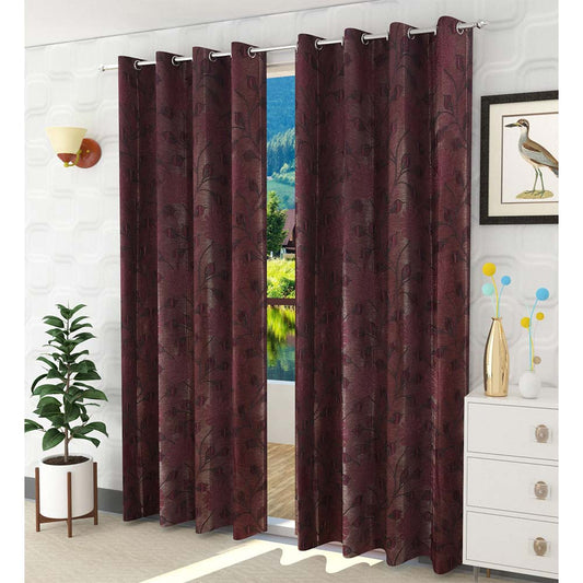 Curtain, (Presto) ICSST445_LD2, Wine colour Floral Long Door curtain Set of 2, Curtain-EL16054-44X108 inches