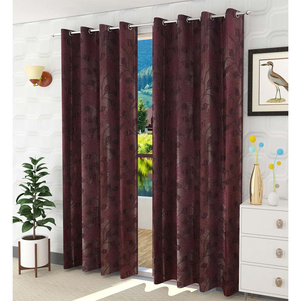 Curtain, (Presto) ICSST445_D2, Wine  colour Floral Door curtain Set of 2, Curtain-EL16054-44X84 inches