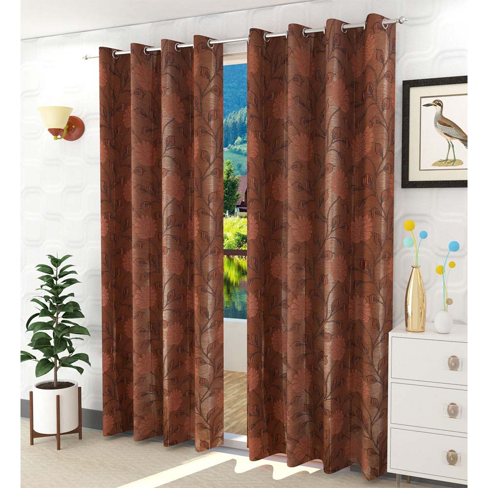 Curtain, (Presto) ICSST446_LD2, Rust colour Floral Long Door curtain Set of 2, Curtain-EL16055-44X108 inches