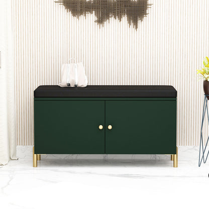 Dark Green Entryway Bench with Black Cushion and Gold Legs,  EL-2002