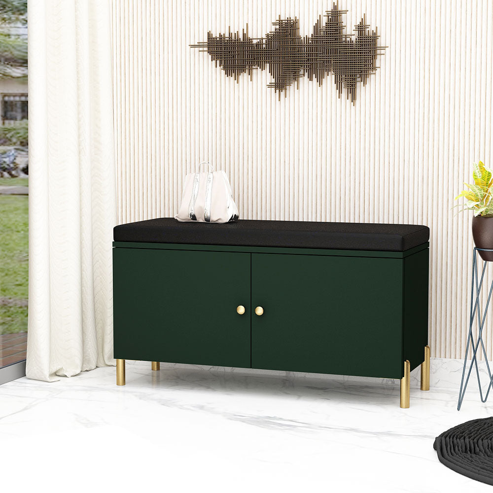 Dark Green Entryway Bench with Black Cushion and Gold Legs,  EL-2002