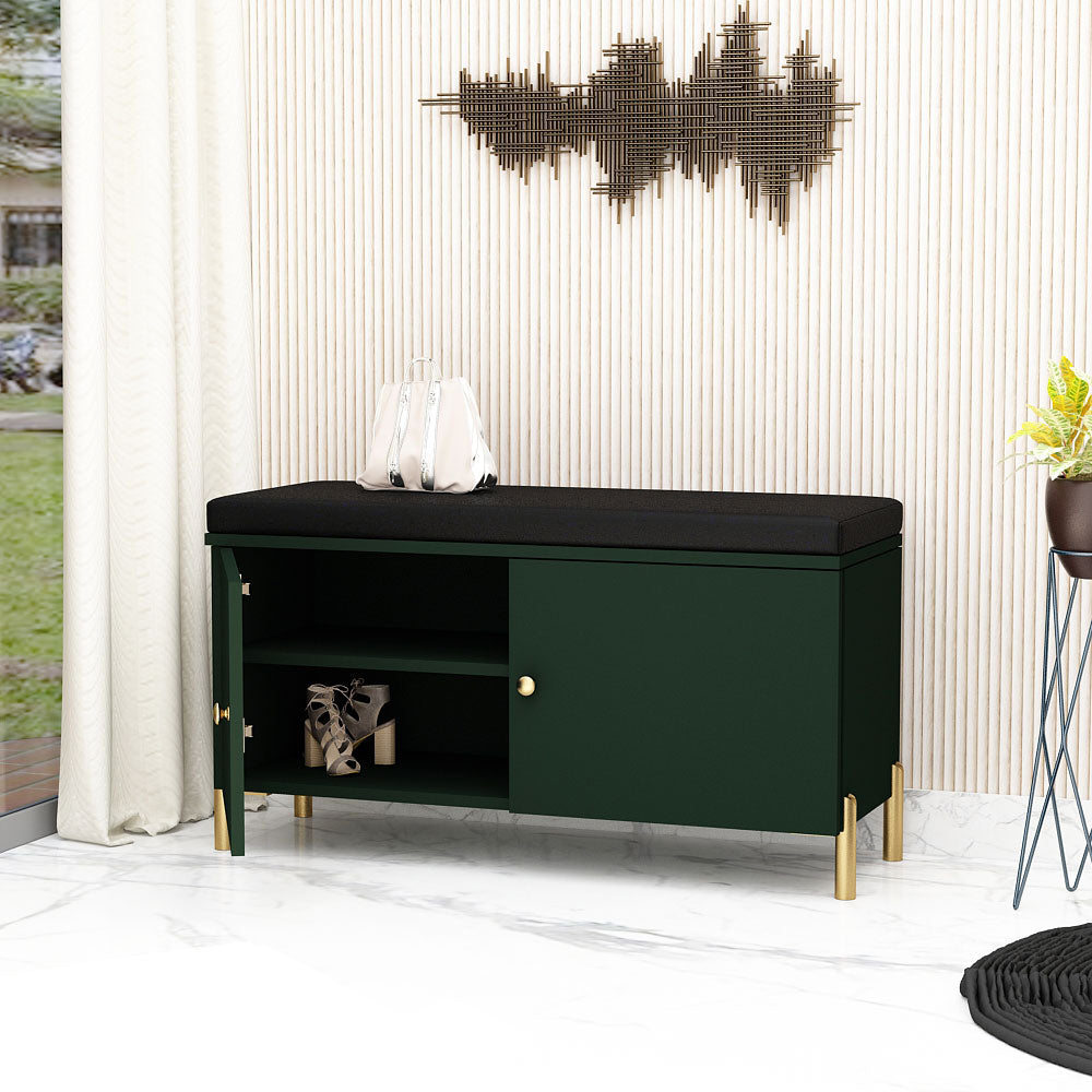 Dark Green Entryway Bench with Black Cushion and Gold Legs,  EL-2002