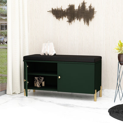 Dark Green Entryway Bench with Black Cushion and Gold Legs,  EL-2002