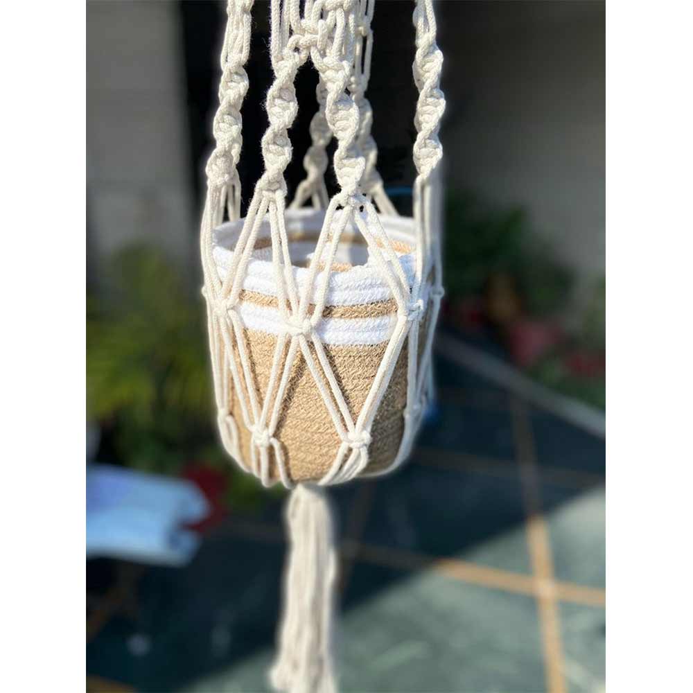 Hanging Plant (i154_1_1), Macrame Plant Hanger, Chain Locking, Pack of 1, Hanging Plant in White Color Hanging Plant - EL2158