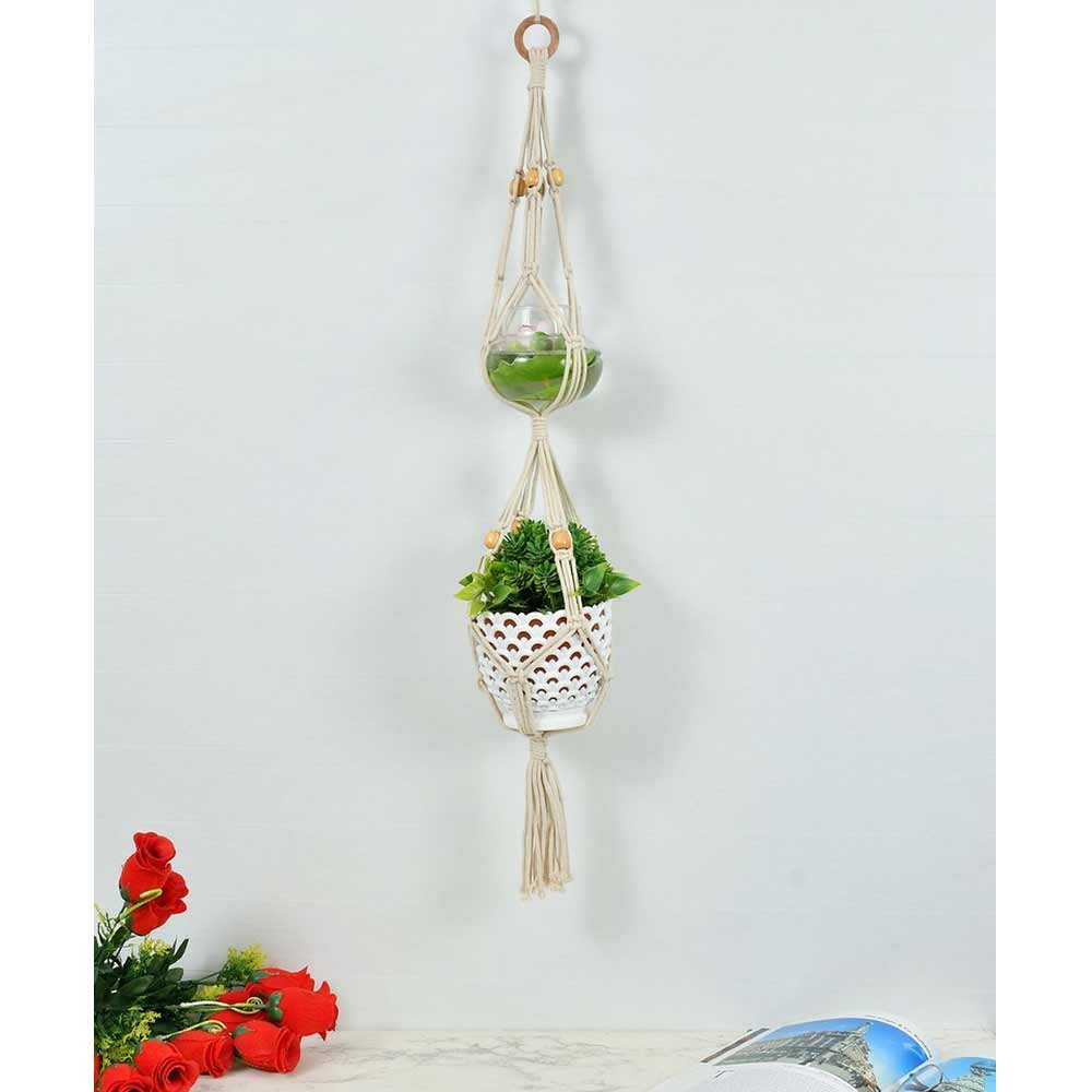 Hanging Plant (i151_1_1), Macrame Multi Plant Pot Hanger, 2 Tier, Hanging Plant in Off White Color Hanging Plant - EL2159