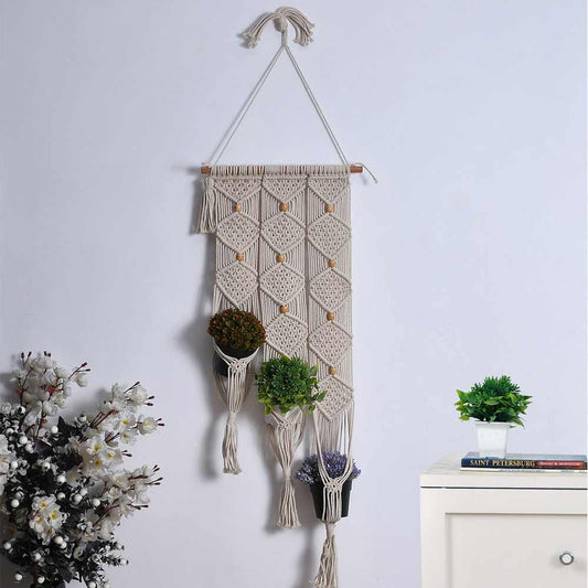 Hanging Plant (i147_1_1), Macrame Planter Pot Holder Hanging, 3 Hangers, Hanging Plant in Off White Color Hanging Plant - EL2162