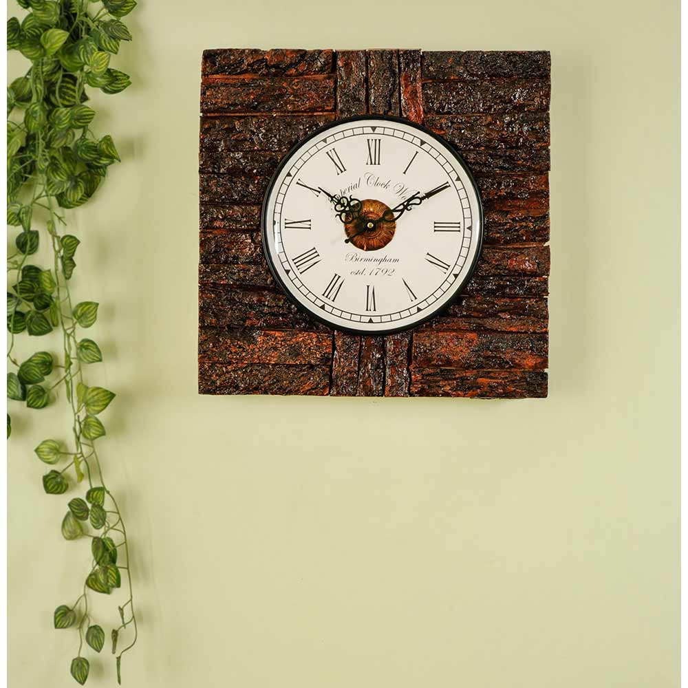 Wall Clock, Rustic Square Wall Clock With Tree Bark outer lining a perfect home decor wall accent, Wall Clock - EL2183