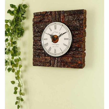 Wall Clock, Rustic Square Wall Clock With Tree Bark outer lining a perfect home decor wall accent, Wall Clock - EL2183