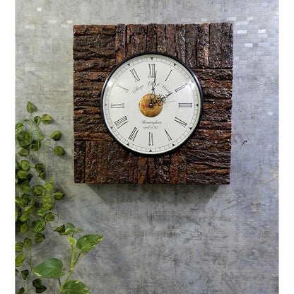 Wall Clock, Rustic Square Wall Clock With Tree Bark outer lining a perfect home decor wall accent, Wall Clock - EL2183