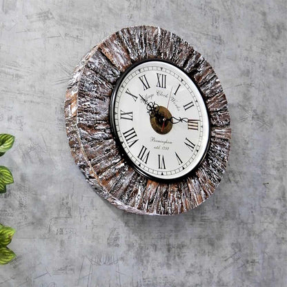 Wall Clock, Wooden Wall clock with tree bark white coloured outer lining rustic antique looks wall accent, Wall Clock - EL2185