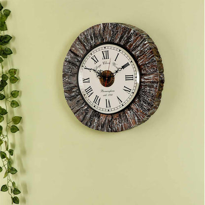 Wall Clock, Wooden Wall clock with tree bark white coloured outer lining rustic antique looks wall accent, Wall Clock - EL2185