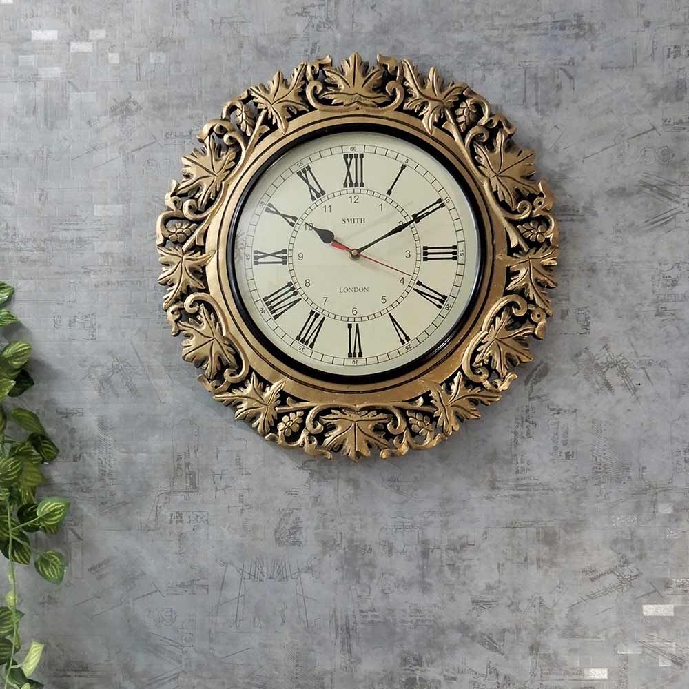 Wall Clock, Golden colored carving designer Grapevine Wall Clock a perfect home decor wall accent, Wall Clock - EL2189