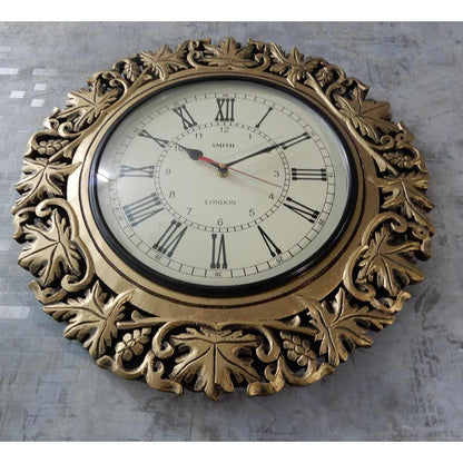 Wall Clock, Golden colored carving designer Grapevine Wall Clock a perfect home decor wall accent, Wall Clock - EL2189