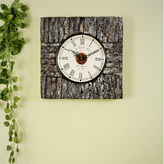 Wall Clock, Square Wall Clock with TreeBark lining Distress OffWhite finish, Wall Clock - EL2192