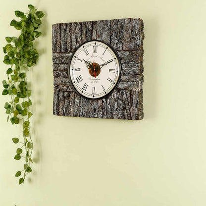 Wall Clock, Square Wall Clock with TreeBark lining Distress OffWhite finish, Wall Clock - EL2192