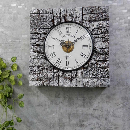 Wall Clock, Square Wall Clock with TreeBark lining Distress OffWhite finish, Wall Clock - EL2192