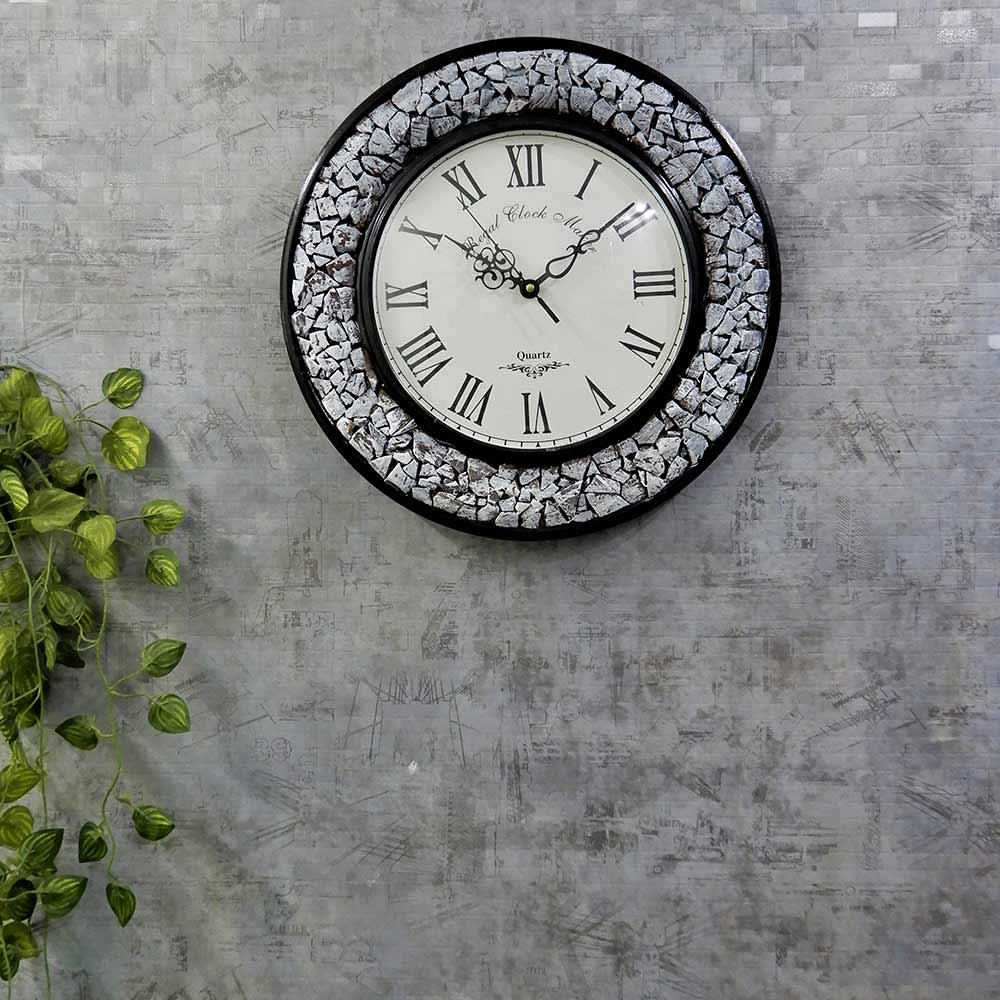 Wall Clock, White Distress Finish Solid Coconut shell Wall Clock, Wall Clock - EL2196