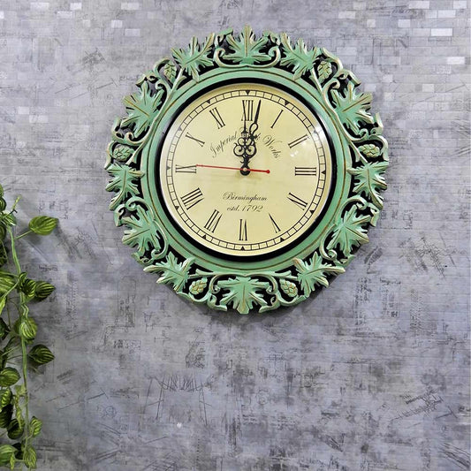 Wall Clock, Mint colored grapeVine carving designer wall clock perfect wall accent for home decor, Wall Clock - EL2199