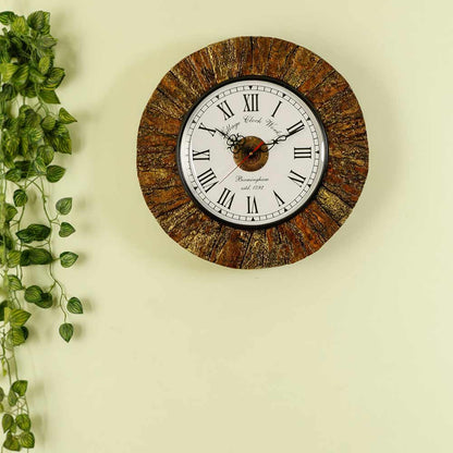 Wall Clock, Wooden Wall clock with tree bark Golden coloured outer lining rustic antique looks wall accent, Wall Clock - EL2200