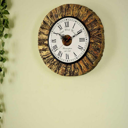 Wall Clock, Wooden Wall clock with tree bark Golden coloured outer lining rustic antique looks wall accent, Wall Clock - EL2200