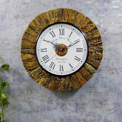 Wall Clock, Wooden Wall clock with tree bark Golden coloured outer lining rustic antique looks wall accent, Wall Clock - EL2200