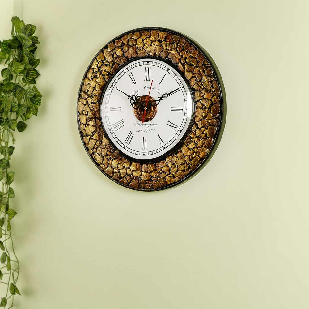 Wall Clock, CoconutShells Wooden Wall clock with golden colour design, Wall Clock - EL2201