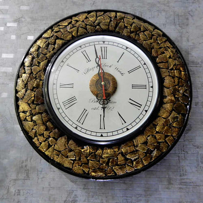 Wall Clock, CoconutShells Wooden Wall clock with golden colour design, Wall Clock - EL2201