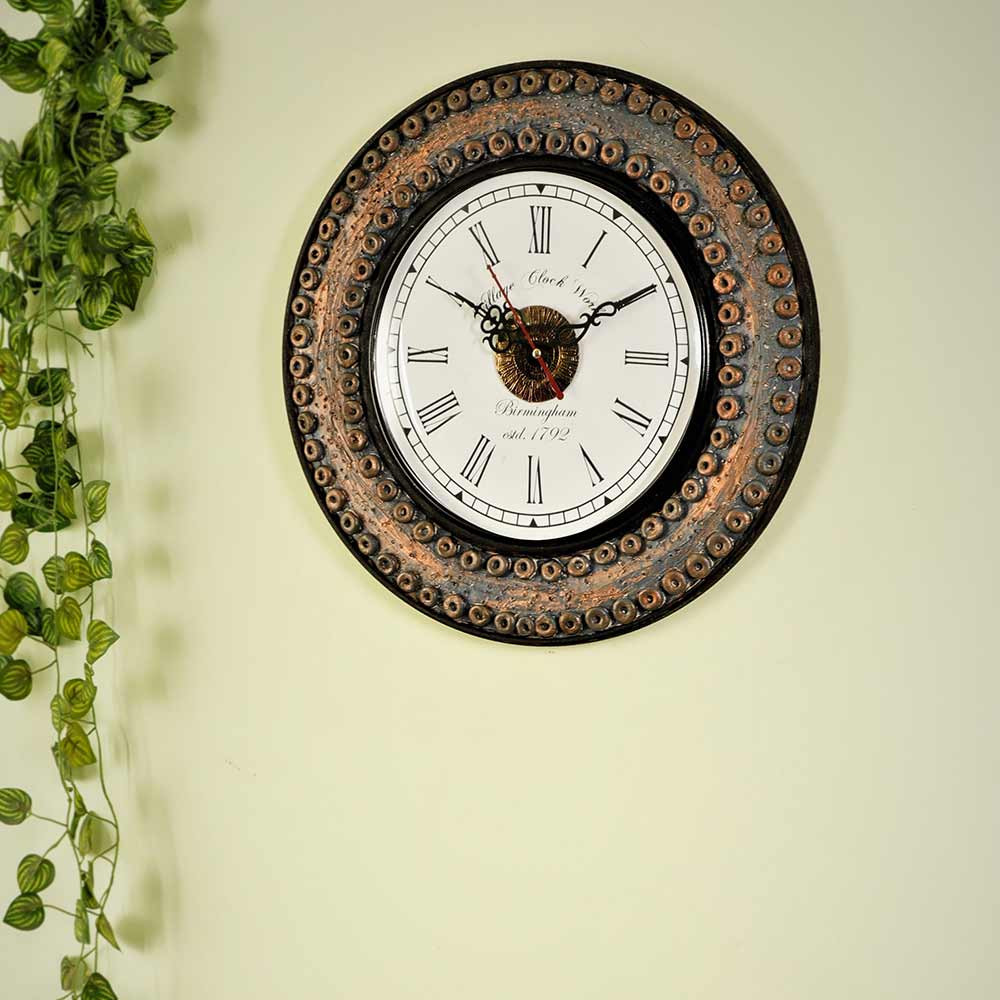 Wall Clock, Grey MultiColored Wooden Wall Clock with MarbleDust Rings Fusion Design, Wall Clock - EL2203