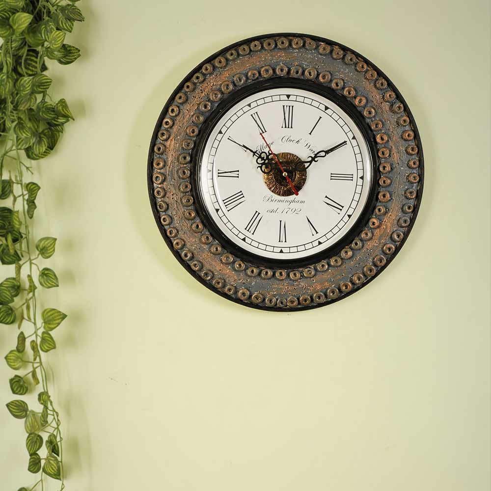 Wall Clock, Grey MultiColored Wooden Wall Clock with MarbleDust Rings Fusion Design, Wall Clock - EL2203