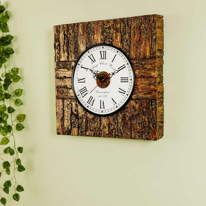 Wall Clock, Wooden Square Wall clock with tree bark Golden coloured outer lining rustic antique looks wall accent, Wall Clock - EL2207