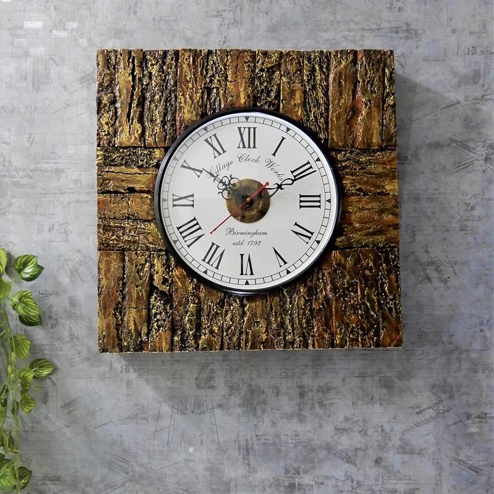 Wall Clock, Wooden Square Wall clock with tree bark Golden coloured outer lining rustic antique looks wall accent, Wall Clock - EL2207