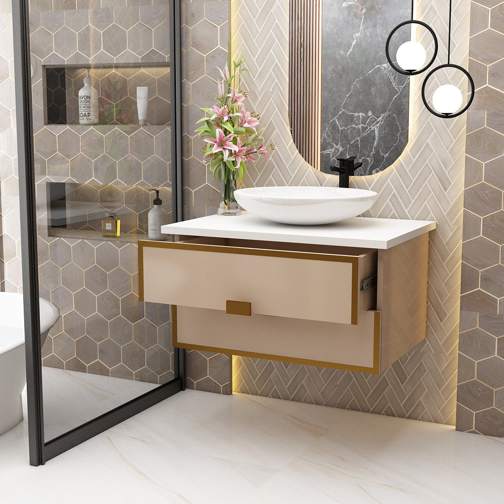 Vanity, White Full Body Tile, Beige Color Vanity, Vanity with Drawer, Wall Mounted Vanity, Vanity - EL223