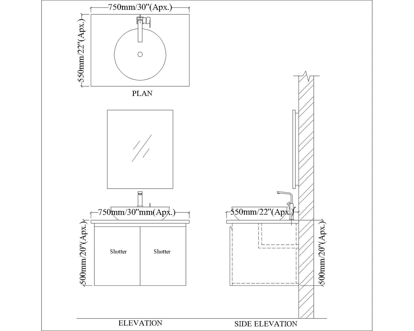 Vanity, Black Color Full Body Tile, Light Brown Color Vanity, Vanity with Shutter, Vanity - EL232