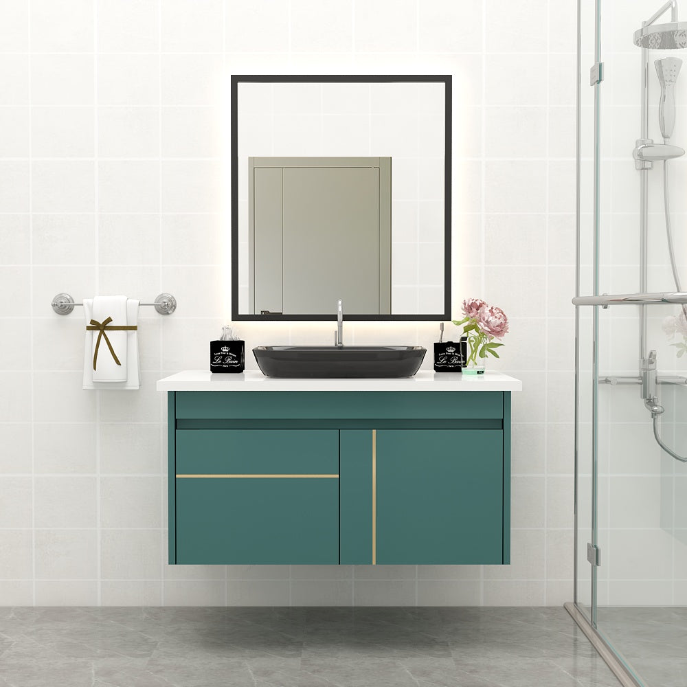 Vanity, Green Color Vanity, White Corian Top, Vanity with Shutter, Wall Mounted Vanity, Vanity - EL236