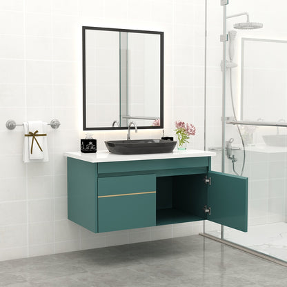 Vanity, Green Color Vanity, White Corian Top, Vanity with Shutter, Wall Mounted Vanity, Vanity - EL236