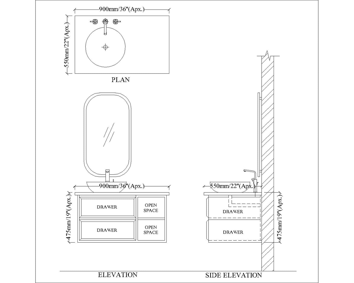 Vanity, Blue & White Vanity, Vanity with Full Body Tile, Vanity with Drawer & Open Space, Wall Mounted Vanity, Vanity - EL239