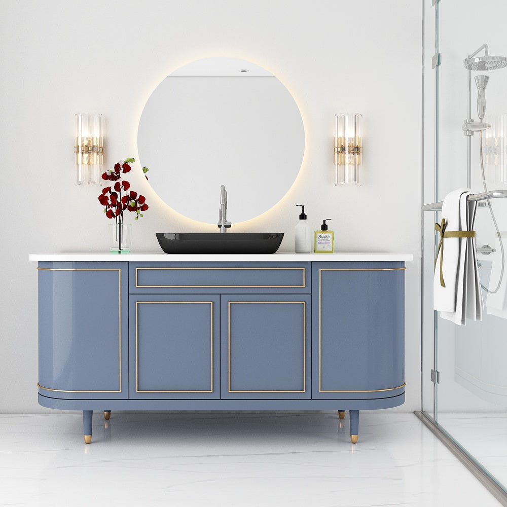 Vanity, Blue Color Vanity, White Corian Top, Vanity with Shutter & Drawer, Wooden Leg with Paint, Vanity - EL241