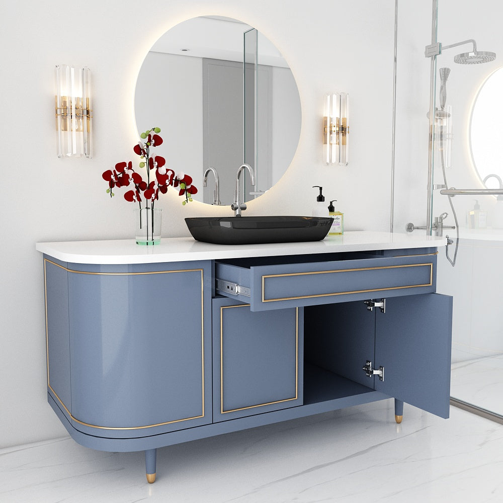 Vanity, Blue Color Vanity, White Corian Top, Vanity with Shutter & Drawer, Wooden Leg with Paint, Vanity - EL241