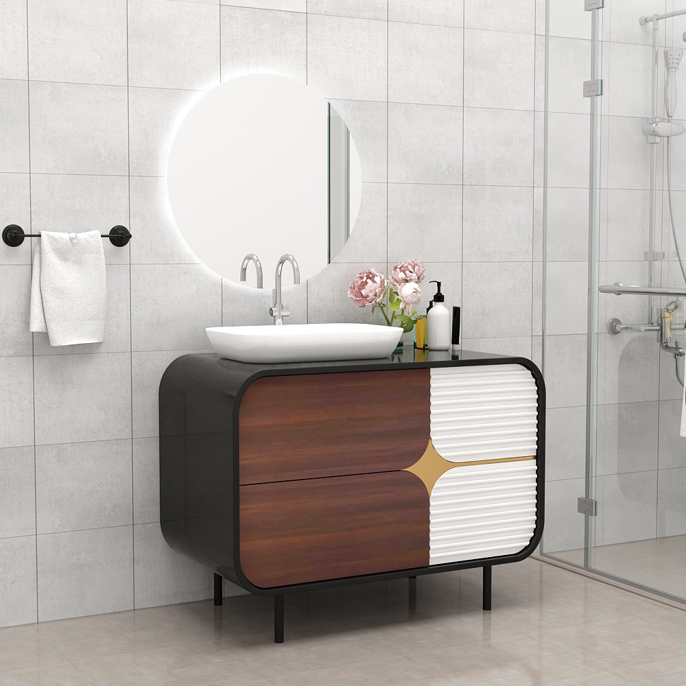 Vanity, Black, Brown & White Color Vanity, Vanity with Drawer, Wooden Leg with Black Paint Finish Vanity - EL246