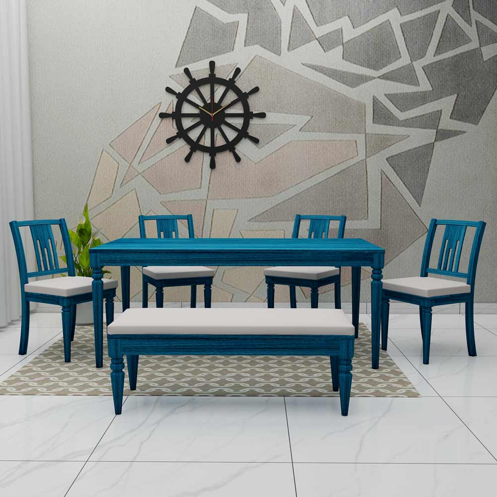 Affordable Dining Table Set, 4 Chairs & 1 Bench in Blue Color Wood at Low Price - EL3061