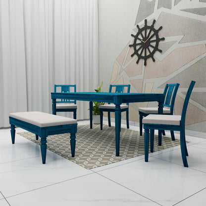 Affordable Dining Table Set, 4 Chairs & 1 Bench in Blue Color Wood at Low Price - EL3061