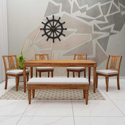 Buy Dining Set with Table, 4 Chairs & 1 Bench in Brown Color Wood - EL3062